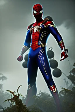 No1st_cr1t1kal, Spider Man, full portrait of black samurai gaspunk, high detail, volumetric lighting, tiny features, intricate detail, volumetric clouds