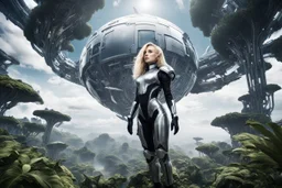 Wide angle photo of a slim sci-fi woman with blond hair, wearing a silver and black futuristic spacesuit looking android-like, standing on an alien cloud tree jungle planet