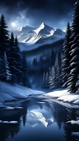 dark winter night,fir forrest scenery,,forest,christmas,night,snow,fir tree,night ,stars,mountain valley,cloud,frozen river reflections,photorealistic