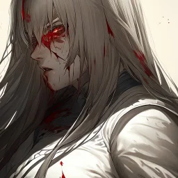 Goodness, Blood splatter, battle wounds, female, portrait, max detail, hd, Long hair, dark souls style, detailed eyes, eye color blue