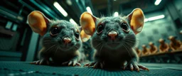 extreme close up on cheeky fluffy rat elf family scumbag in the cinema the style of Escher and Giger and Fallout 4, pinhole cam, airbrush 3d rendering, on tv screen:A five-second cinematic single take in a clean industrial presentation hall.