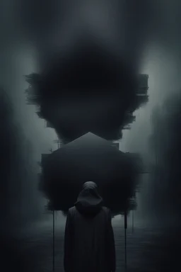 Glitch in the Matrix in abyss, big vortex, ,noir, surreal, dark mood, cold, deep dark colors , high detalied, weird, fog, shadows. weird, surreal, highly detailed, melancholic thriller mood