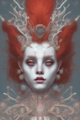 head and shoulders portrait, long red hair, face paint, jester/clown, Takato Yamamoto artist, Akiya Kageichi artist, Jedediah Berry inspired, 8k resolution concept art portrait, dynamic lighting, hyperdetailed, intricately detailed, maximalist, beautiful, peaceful, fire