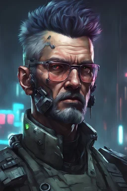 Cyberpunk military commander, middle aged, mean