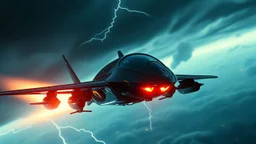 a high definition screen shot of a jet-fighter vw-beetle, retrofuturistic, phototrealism, in flight, one subject, thunderstormncc 1701 enterprise Macabre Rapture End of days Revelation scene,