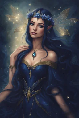 Midnight blue,Dark blue hair,night,dark fairy princess ,elven crown,elven ears,sparkle,glitter,gold armor,dragonflies,rapunzel hair,water lilies