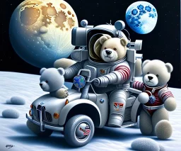 little boy and big teddy bears on moon. drifting in old bmw. oil on canvas