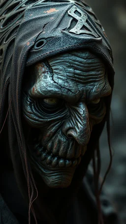 Busch painting style nightmare, a zoomed 3/2 view of a witch by his face skin is a rusted broken metallic skin texture in a 3d rendering full-height image of a grim and dark scene. Ensure the final images exhibit the utmost quality, encompassing 4K, 8K, and 64K resolutions, with 3D rendering that manifests in photorealistic, hyperrealistic, and highly detailed representations. Employ techniques such as HDR, UHD,