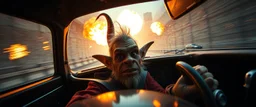 weird perspective worried human race car going sideways in ramp driver close up portrait of dj troll elf pilot looking down on cam, with background in the style of escher and giger, a chill contrapunctus fugue in the style of fsol, beethoven, goa trance breaks, dancefloor drum and bass, burning cars, fire and explosions