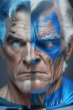 superman with batman old faces and gray hair with big blue eyes