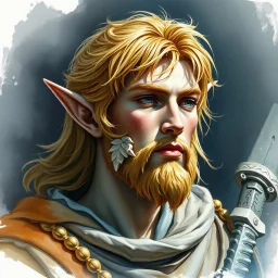 fantasy, dramatic portrait, marble statue of an elf male, watercolour, golden hair, warrior, mighty, righteous