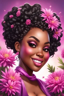 Create a airbrush cartoon art style image of a curvy black female looking down with a smile on her face. Prominent makeup with hazel eyes. Highly detailed messy curly bun with a hair scarf on her head with large pink knapweed flowers surrounding her. 2k