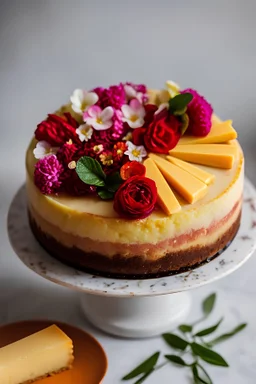 cheese cake, cake, flowers, food photography, beautiful, delicious food, recipe photography, realistic, natural light, colorful, food art, object photography, still life food photography, ultra hd, bokeh, cinematic