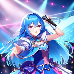 girl, masterpiece, best quality, volumetric lighting, detailed outfit, perfect eyes, long hair, blue hair, pink eyes, magical girl, music stage, microphone,