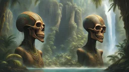 detailed intricate scenery very detailed elongated skull annunaki and Draco reptilians realistic, photorealistic technological, art by , Greg Rutkowski bruce pennington, in the style of jungle palms waterfall