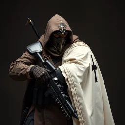 Varican close quarters fighter in modern military gear and pastor robes