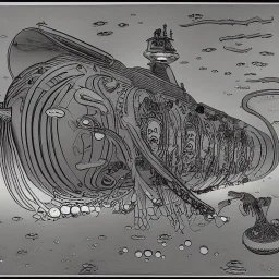 mix between the captain nemo submarine and the beatle yellow submarine by disney in a seabed imagined by winsor mccay