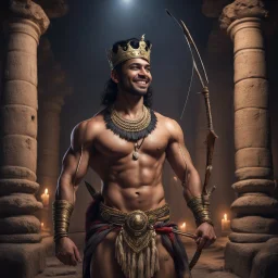 Hyper Realistic shirtless muscular handsome short black hair Indian King smiling wearing crown & holding bow & arrow in dark catacombs with traditional pillars at night