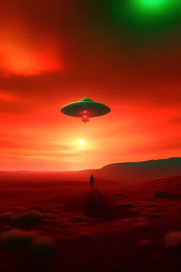 Vista panorámica de un extraterrestre, bajando de un ovni en una planicie colorida, con un cielo rojizo, en tonos calidos, con luz suave y difusa