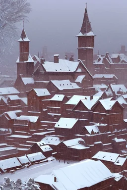 Une ville médiévale enneigée entouré d'une muraille en bois.