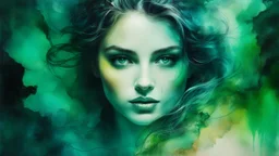 collage, old paper, slightly worn edges, alcohol ink, hyperdetail, portrait of a translucent woman surrounded by a rich dark green background with a slight mist and otherworldly glow, which creates a dreamy and ethereal atmosphere, Anna Razumovskaya, Anna Dittmann, Luis Royo
