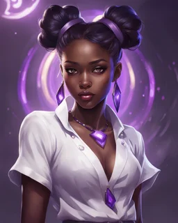 arcane tv show style, league of legends, solo, 1girl, attractive teenager, african, dark skin, dark-brown eyes, black hair, pair buns, violet strands of forehead bangs, necklace, earrings, modern makeup, (detailed skin texture), white oversize shirt