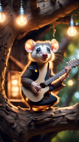 portrait of hairy rock guitar opossum living inside a tree house in a hollow huge tree growing light bulbs,bokeh like f/0.8, tilt-shift lens 8k, high detail, smooth render, down-light, unreal engine, prize winning