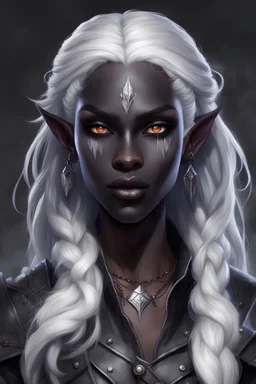female drow from dungeon and dragons that resembles a dark elf but has black skin tone with dark eyes, long stark white hair, with a angry face, young, innocent, with small lips and small nose, beautiful, realistic, happy, magical, dancing, wearing a leather jacket, magical, braids, high checkbone