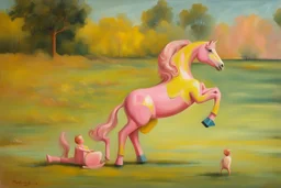 Big pink plastic toy horse.19th painting