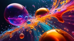 Colourful immiscible liquid globules in weightlessness, mixed, distorted, spectacular, strange globular shapes, scientific, wild, fantasy, futuristic, attractive, beautiful lighting, attractive composition, photorealistic, extremely detailed, chiaroscuro