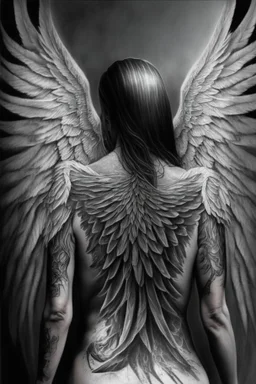 full body woman angel from back wings coming from her back, angel wearing long tunic ultra realistic tattoo