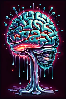 Vintage illustration of a slimey silver brain, shimmering and reflecting light, melting like broken glass, cartoonist animation style, hand drawn, neon lighting, gross art, pop punk, 90s anime inspired, airbrushing, post modern, horror cut, gradient chrome abberations, retro weird drawings, alien brain matter, blood spatter , scifi punk