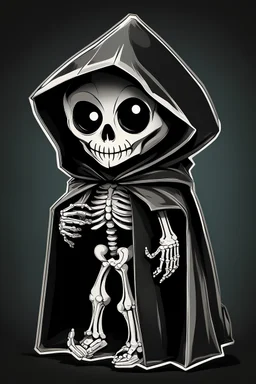 vinyl art toy skeleton in a black hooded cloak drawn in a retro mascot style, inside a light diamond shape on a black background, monochromatic