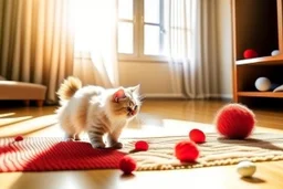 cute fluffy chibi beige cat playing with a giant plush red covid virus in a modern hall on a carpet in sunshine