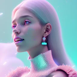 A portrait of a crystalised girl,smiling, laughting longs thin hairs white , atmospheric, realistic,, cinematic lighting, octane render,, pink turquoise light, white skin, pink atmosphere