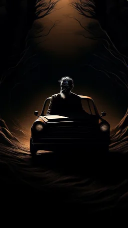 Dark Forest Drive: A couple in a car driving through a dense, dark forest with tall, shadowy trees. The headlights illuminate the eerie, twisted branches ahead, creating an ominous atmosphere.