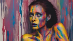 Portrait of a horrifying nude banshee made out of colorful paint
