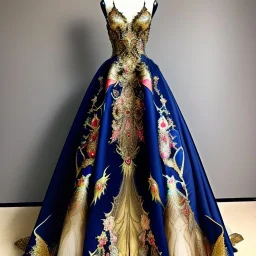 stunning couture gown designed by Marchesa inspired by fairies, realistic epic elegant fantasy colors in gold and black and red,decorated with precious stones, detailed, high quality, intricate, fantasyland background,