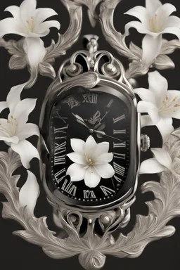 Black wristwatch Embellished with silver With a silver lily flower White background