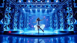 a 3d fractal stage structre made of metallic blue theme 3d structures, pertty artistc background,dynamic lights,lady prances in modern fashion clothing dansing in stage