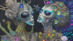 Surreal artwork entitled "Homo Consumerist licks the Bufo alvarius"; A partially skeletonized Celebrity couple on a psychedelic trip wearing clothes made out of bits and pieces of colorful garbage collected on a 5-meo-dmt trip; mixed media including thread, leather, plaid, jewels, feathers, foliage, and flowers; Neo-surrealism, psychedelic, iridescent