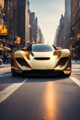 creates a concept supercar in '70s style with a retro-futuristic bodywork in gold and black on a street of New York, with a bright sky and fire