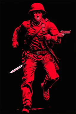poster of a soldier running towards viewer, a knife i one hand, and a gun(barrel pointing at viewer) in the other. retro poster monochrome with white background