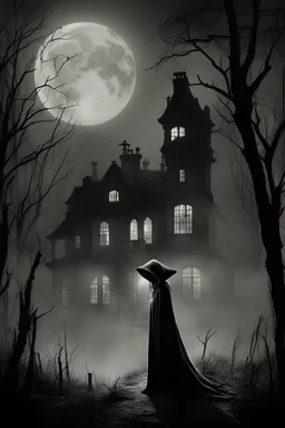 surrealist, black and white, obscured by dense forest fog, superbig full moon, moon is a center of image, tim burton character, exagerated, cartoon house, several floors, tim burton proportions, woman with cape and hood, woman stand up on spiral rock, background old house, high house more rooms, backlight, sad, high house several rooms, wood old house, a superfullmoon, house upper circle mountain, ambient fog, distorsion, fantasy, houise on hill, moon full scene on background