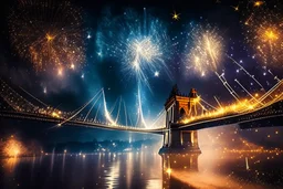 Chain Bridge Budapest, Danube, fireworks in the sky, smoke, dust, reflection at night in starshine