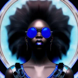 a black woman with blue crystal shiny sunglases on the dancefloor, steam punk, realistic, made in octane, cinematic, ultra-realistic, extremely detailed octane rendering, 8K, VRAY Super Real ar 2:3, dof photorealistic futuristic 50mm lens hard lighting dark gray tintype photograph, realistic lighting