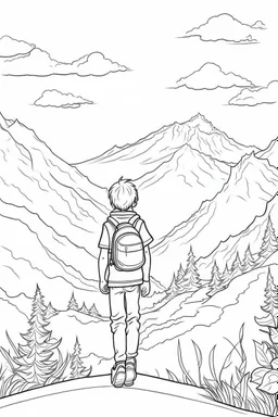 outline art for a kid's coloring page, a child looking up at the mountains, white background, sketch style, full body, only use outline, clean art , white background, no shadows and clear well outlined