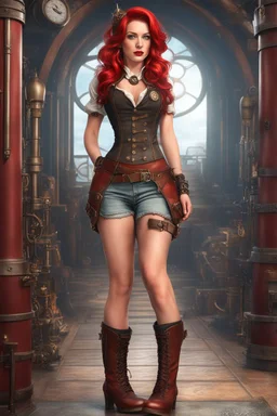 Photorealistic full-height photo of a fantasy skinny pin-up girl in steampunk shorts and boots with long, red hair