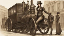 full-height portrait of a pale-faced steampunk woman with straight dark shoulder-length hair, with metal arms and legs, dressed in leather trousers, and a jacket, in a busy Victorian street next to a steam car