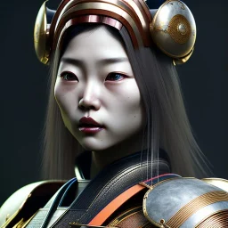 Japanese woman, rounded face, blood, black, silver, samurai helmet, decorative color feathers, retro, bamboo, leather, soft color, highly detailed, art stations, concept art, smooth, unreal engine 5, god rays, ray tracing, RTX, lumen lighting, ultra detail, volumetric lighting, 3d, finely drawn, high definition, high resolution.